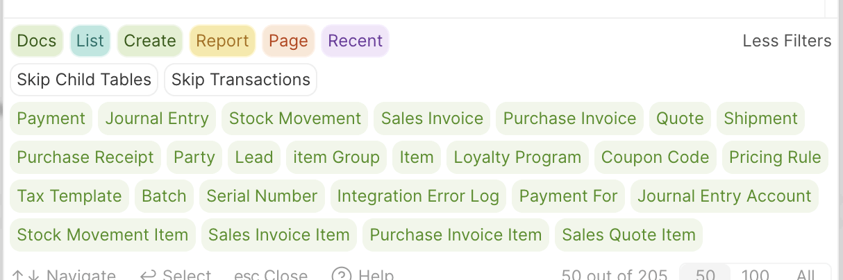 The expanded filters. Skip Child Tables and Skip Transactions toggle whole sets of the record filters listed below them