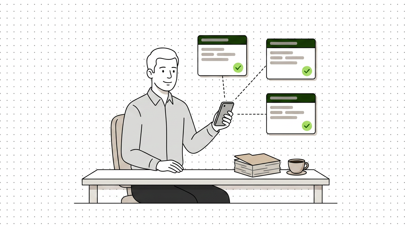 An accountant at a desk, one phone connected to three client ledgers, each checked and current